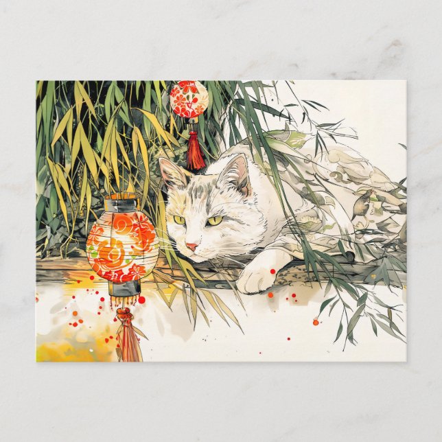 White Geisha Cat med i Bamboo Forest Chinese Bläck Vykort (Framsida)