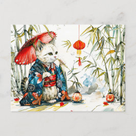 White Geisha Cat med Red Umbrella i Bamboo Fores Vykort