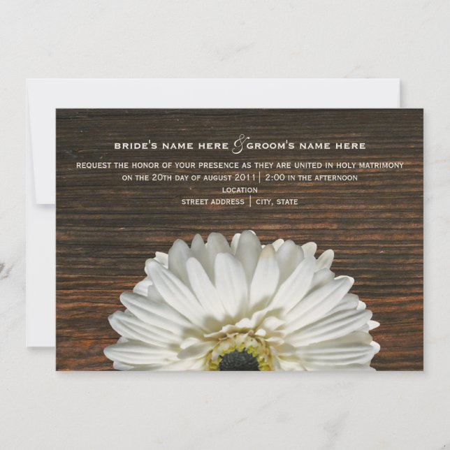 White Gerbera & Barnwood Rustic Wedding bjudande Inbjudningar (Framsida)