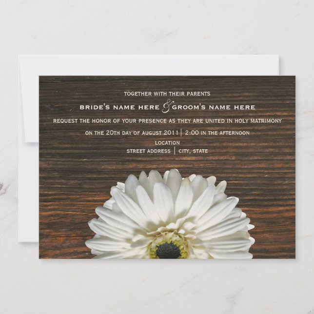 White Gerbera & Barnwood Rustic Wedding bjudande Inbjudningar (Framsida)