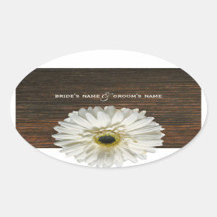 White Gerbera Daisy & Barnwood Bröllop Sticker Ovalt Klistermärke