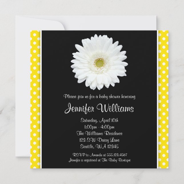 White Gerbera Daisy Gult Polka Dot Baby Shower Inbjudningar (Framsida)