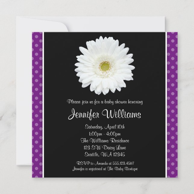 White Gerbera Daisy Lila Polka Dot Baby Shower Inbjudningar (Framsida)