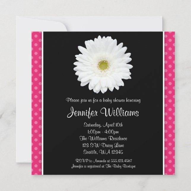 White Gerbera Daisy Rosa Polka Dot Baby Shower Inbjudningar (Framsida)