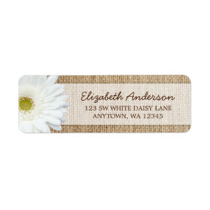 White Gerbera Daisy Rustic Burlap Adress Returadress Etikett