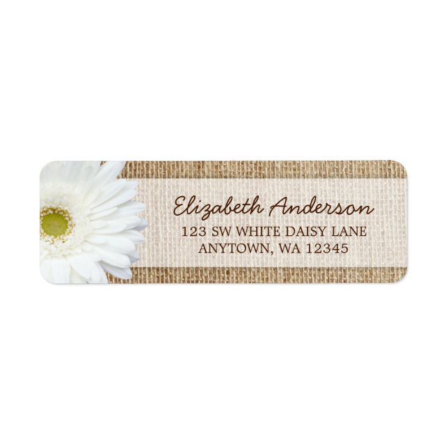 White Gerbera Daisy Rustic Burlap Adress Returadress Etikett (Framsidan)