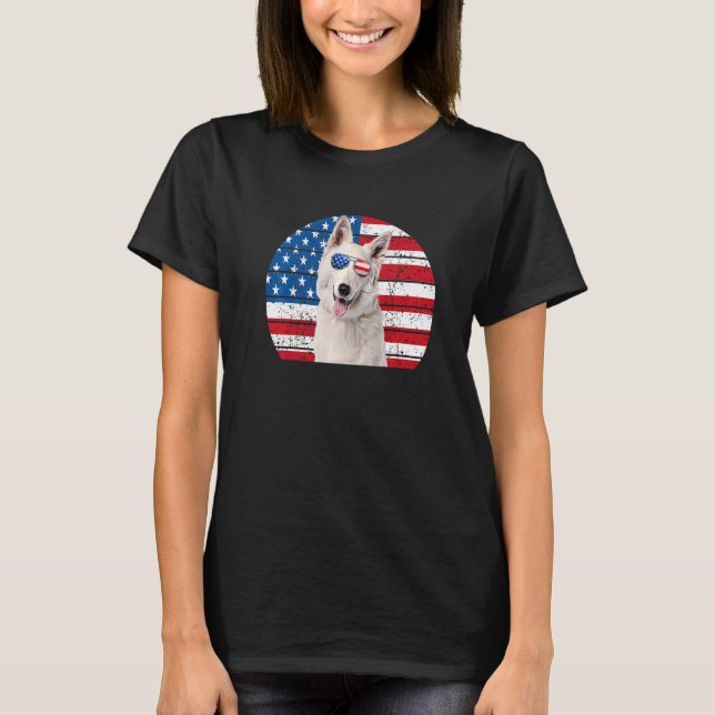 White German Shepherd American Flagga 4:e juli GSD T Shirt (Framsida)