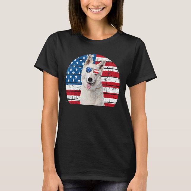 White German Shepherd American Flagga 4:e juli GSD T Shirt (Framsida)