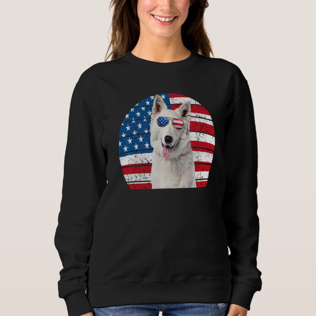 White German Shepherd American Flagga 4:e juli GSD T Shirt (Framsida)