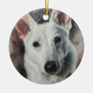 White German Shepherd GSD lycklig hund Julgransprydnad Keramik