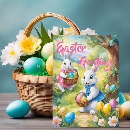 White Glad påsk Bunny med ägg Julkort