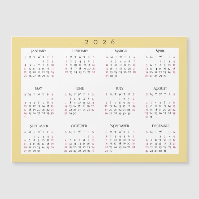 White Gold 2026 Yearly Full Year Calendar Magnet (Framsida)
