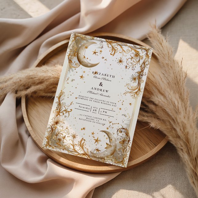 White Gold Celestial Moon & Stars Wedding Inbjudningar (Skapare uppladdad)