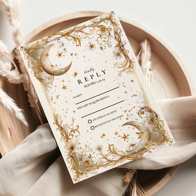 White Gold Celestial Moon & Stars Wedding OSA Kort (Skapare uppladdad)