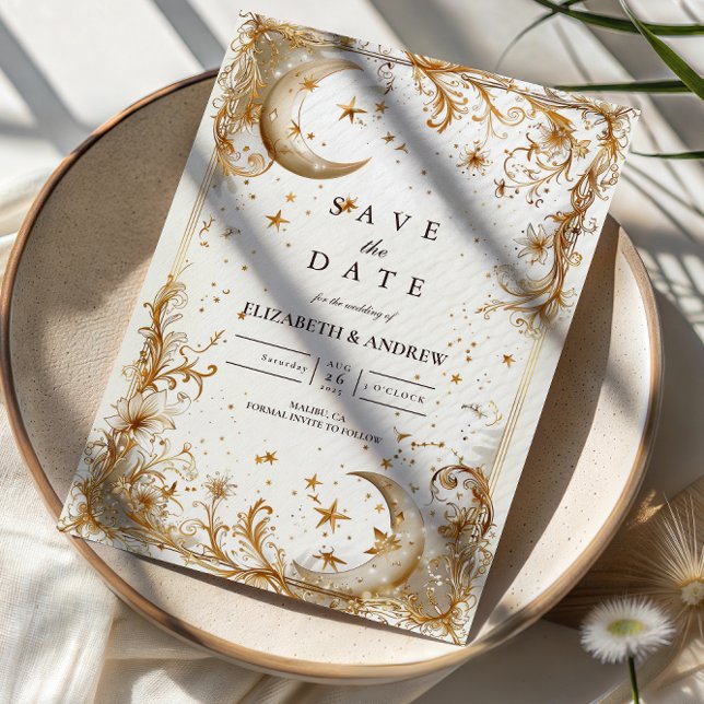 White Gold Celestial Moon & Stars Wedding Spara Datumet (Skapare uppladdad)