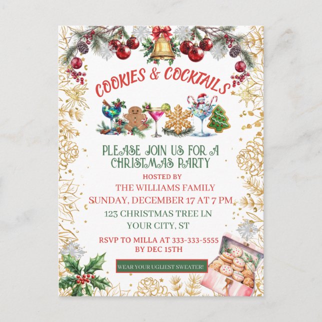 White & Gold Cookies & cocktails Holiday  Vykort (Framsida)