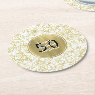 White Gold Glam Konfetti 50-årsdag Underlägg Papper Rund