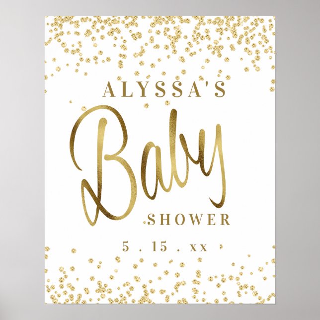 White Gold Glitter Script Font Baby Shower Poster (Framsidan)