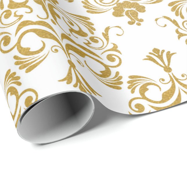 White Golden Royal Damask Blommigt Ornament Presentpapper (Rullad Hörn)