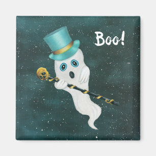 White Goofy Ghost i Himlar Blue Ögon Top hat Skull Magnet