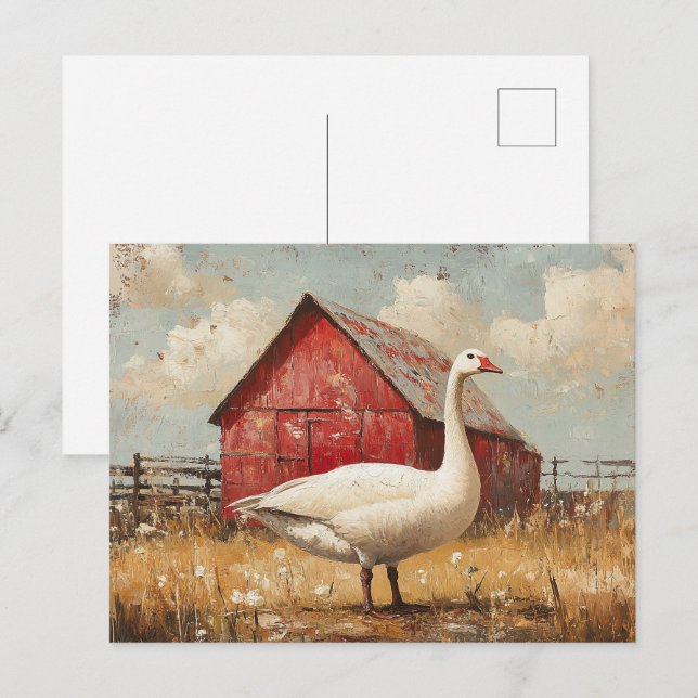 White Goose Red Barn Artwork Vykort (Fram/baksida)