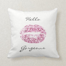 White Gorgous Sparkly Rosa Kiss Läppar Glitter Kudde