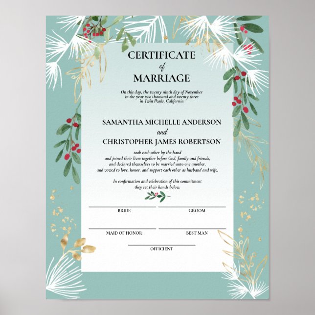 White Gräs Holly Winter Certificate of Giftermål Poster (Framsidan)
