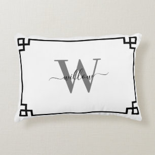 White Grått Black Grekiska Nyckel Monogrammed Prydnadskudde