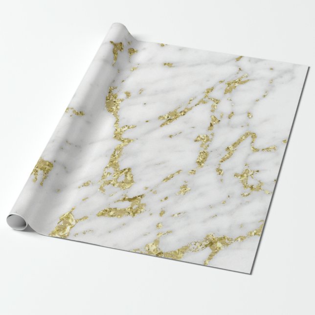White Grått Guld Glitter Carrara Marble Stone Lux Presentpapper (Utrullad)