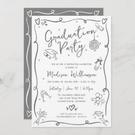 White Gray Hand Drawn Doodles Graduation Fun Party Inbjudningar