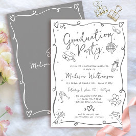 White Gray Hand Drawn Doodles Graduation Fun Party Inbjudningar