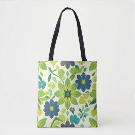 White Green and Blue Floral Tote Bag Tygkasse