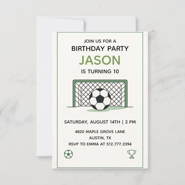 White & Green Soccer Birthday • Boys Sports Party Inbjudningar (Framsida)