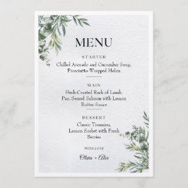 White & Green Watercolor Leaves Wedding Menu Meny