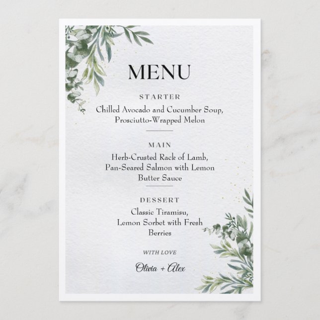 White & Green Watercolor Leaves Wedding Menu Meny (Framsida)