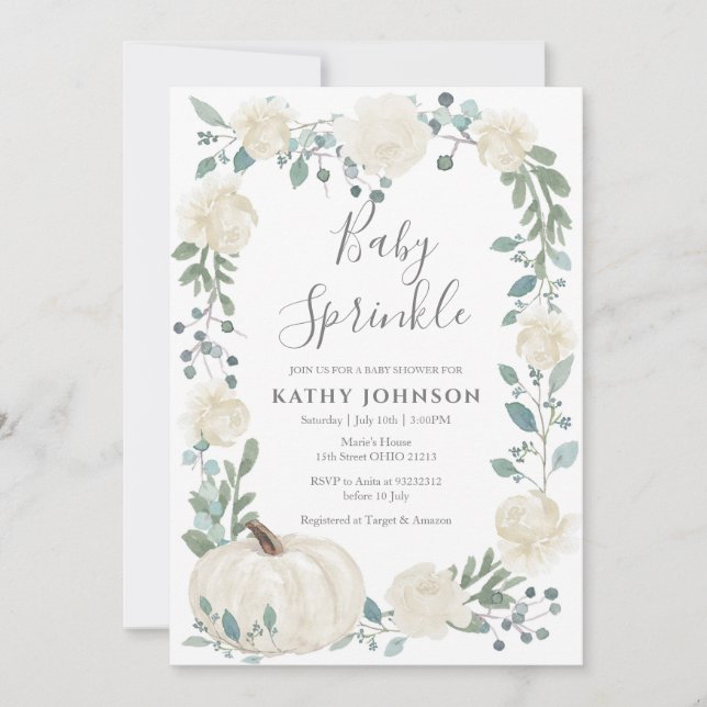 White Grey Pumpkin Baby Sprinkle-inbjudan Inbjudningar (Framsida)