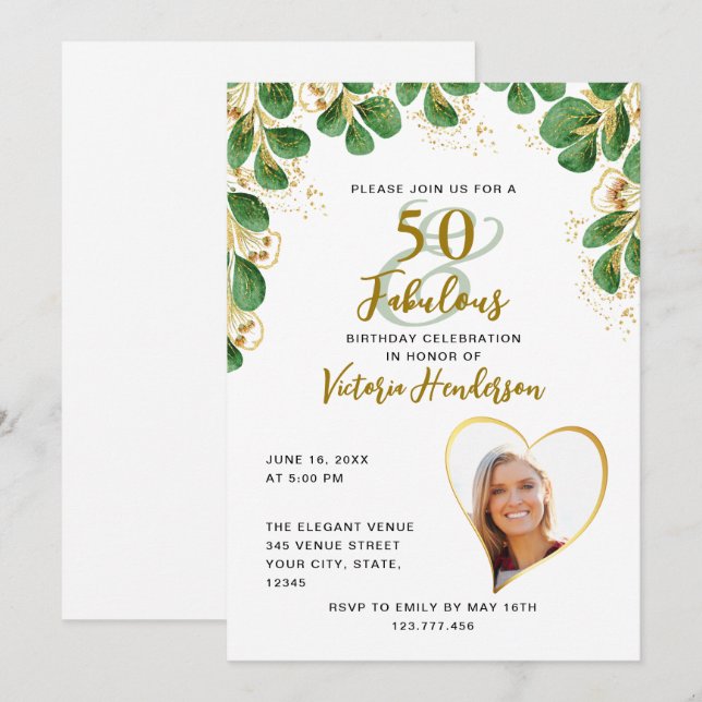White Grönt & Guld Greenery 50 & Fabulous Birthday Inbjudningar (Fram/baksida)