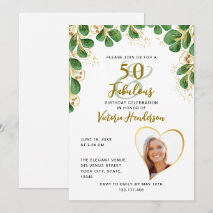 White Grönt & Guld Greenery 50 & Fabulous Birthday Inbjudningar