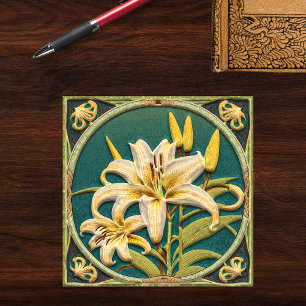 White Grönt Oriental Lily Art nouveau Inspired Kakelplatta