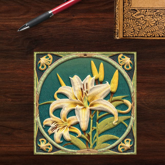 White Grönt Oriental Lily Art nouveau Inspired Kakelplatta (Skapare uppladdad)