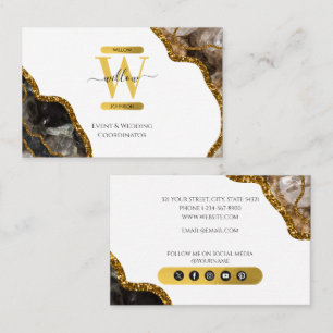 White & Guld Agate Geode Glitter Monogram Marble Visitkort