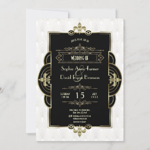 White Guld Art Deco Black Roaring 1920-talet Bröll Inbjudningar