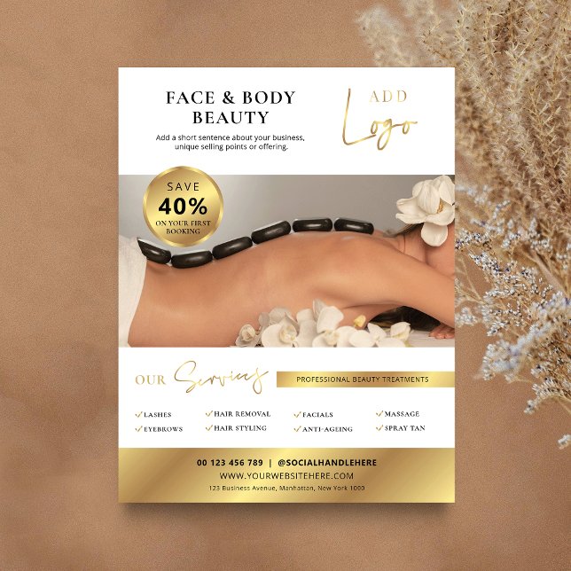 White & Guld Beauty Spa Salon Services Marknadsför Reklamblad (Modern business flyer in white and gold with large photo and custom text)