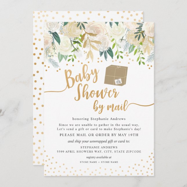 White Guld Blommigt Baby Shower med post Inbjudningar (Fram/baksida)