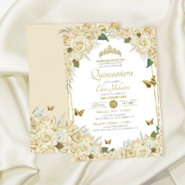 White Guld Blommigt Butterfly Cream Ro Quinceanera Inbjudningar