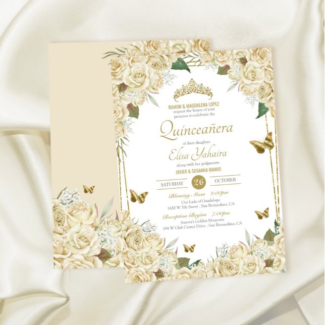 White Guld Blommigt Butterfly Cream Ro Quinceanera Inbjudningar (Skapare uppladdad)