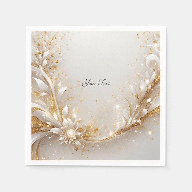 White Guld Blommigt Napkins Pappersservett (Framsidan)