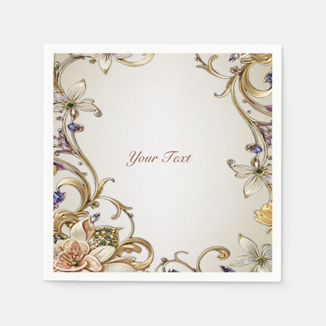 White Guld Blommigt Napkins Pappersservett (Framsidan)