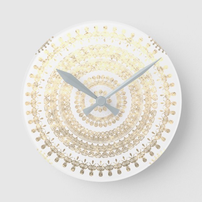 White Guld Boho Tribal Circle Mandala Metallic Eff Rund Klocka (Framsida)