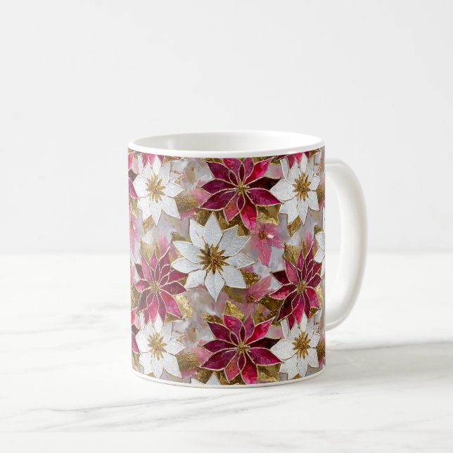 White Guld Burgundy Rosa jul Poinsettias Kaffemugg (Framsida höger)